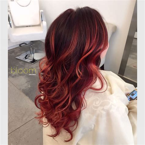 Copper Balayage Highlights On Vivid Red Long Hair By Bloom Stylist Samantha Hair Styles Long