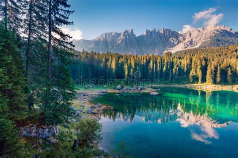 Majestic Summer View Of Carezza Karersee Lake Superb Morning Scene Of