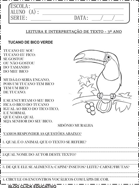 Leitura E Interpretação De Texto Para Imprimir Tucano De Bico Verde