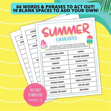 Summer Charades Printable Game Fun For Kids Teens Adults Etsy