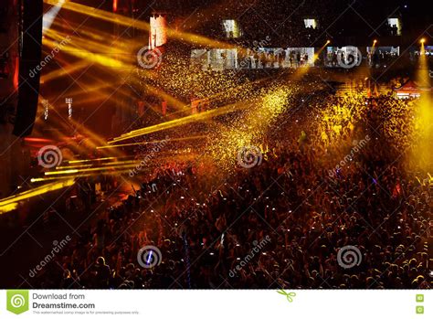 Confetti Over Partying Crowd During A Live Concert Editorial Stock