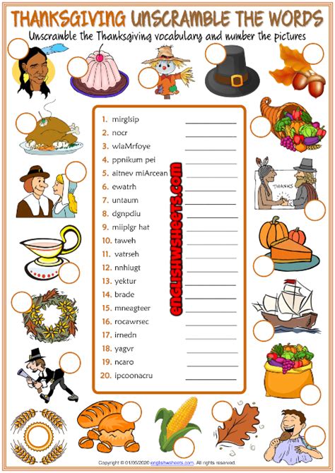 Thanksgiving Esl Printable Unscramble The Words Worksheet Thanksgiving Vocabulary