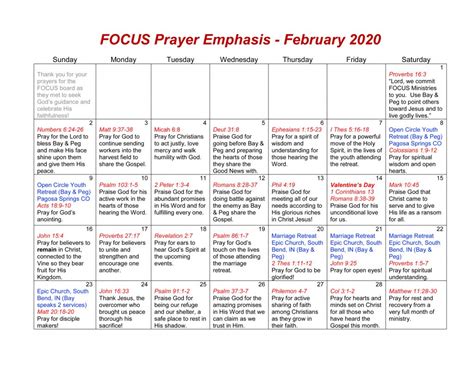 Focus Prayer Calendar Feb 2020 Focus Ministries