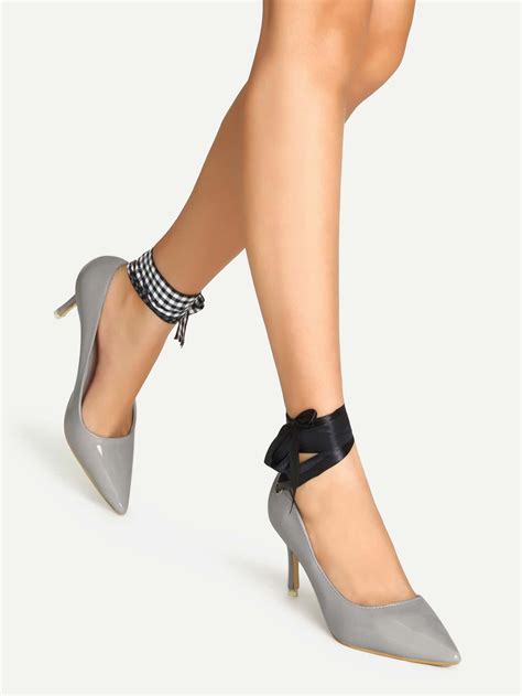 Grey Patent Leather Contrast Ribbon Lace Up Heels Sheinsheinside