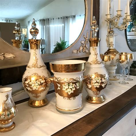 Decanter Set Bohemia Crystal Slavia Glassworks Czech Glass Gold Gilded Hand Painted Raised