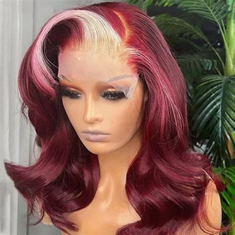 Burgundy With Blonde Highlights Lace Front Wig Skunk Stripe Hair Wigs