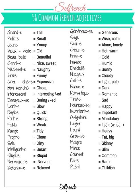 List 50 Adjective In French And Their Translation In English To Learn