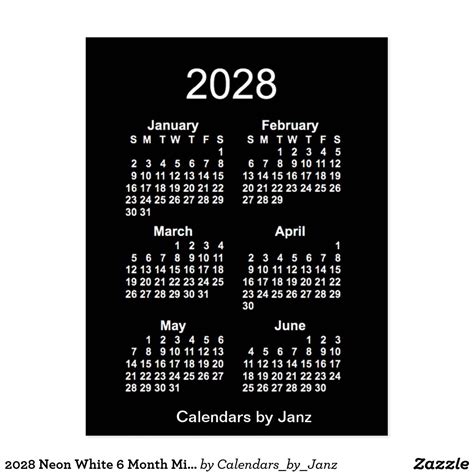 2028 Neon White 6 Month Mini Calendar By Janz Postcard Holiday Card Diy