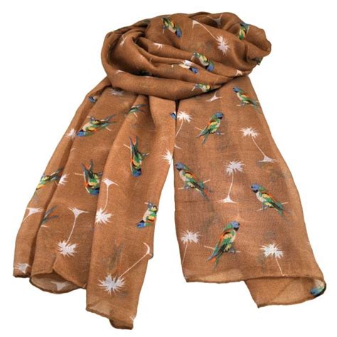 Parakeets Animal Print Camel Brown Lightweight Womens Shawl Scarf From