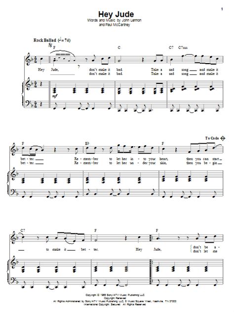 verse 1 f c hey jude dont make it bad c *c c6 c7 c7sus4 c7 f take a sad song and make it better bb f remember to let her into your heart c f and then you c. Hey Jude sheet music by The Beatles (Piano, Vocal & Guitar (Right-Hand Melody) - 74067)