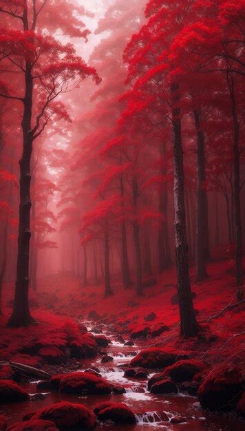Premium Ai Image Mystic Red Forest Wallpaper