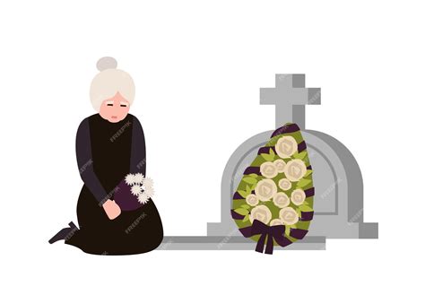 premium vector sorrowful elderly woman dressed in mourning clothes crying near grave with