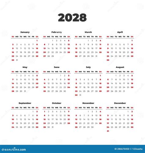 Simple Vector Calendar On 2028 Start From Sunday Stock Illustration