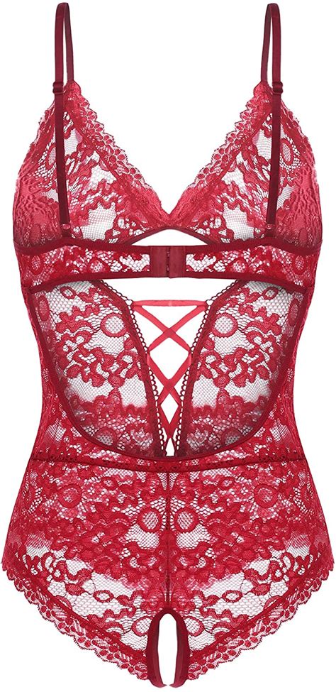 Ababoon Women Lingerie One Piece Lace Bodysuit Sexy Wine Red Size Xx