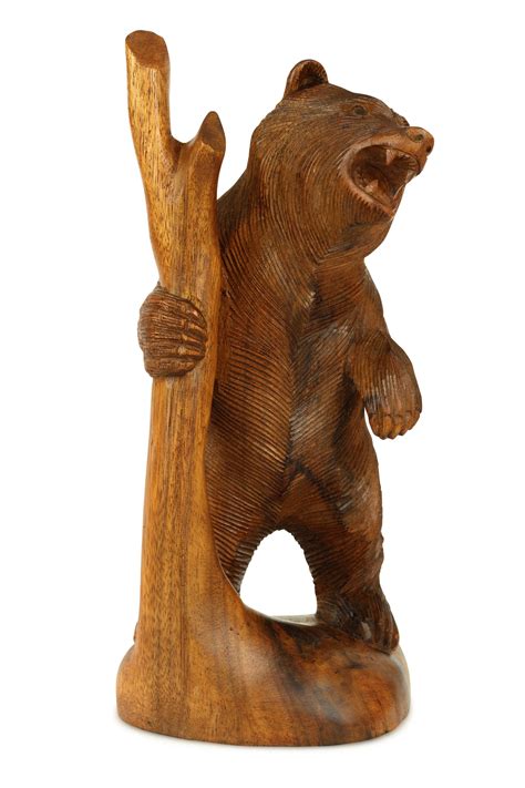 Wooden Hand Carved Bear Statue Handmade Figurine Sculpture Wood Lodge