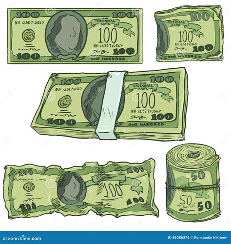 Vector Set Of Cartoon Money Banknotes Bankroll And Bundle Stock