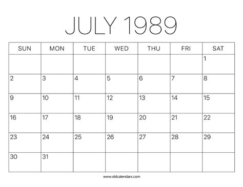 1989 Calendar July Printable Old Calendars