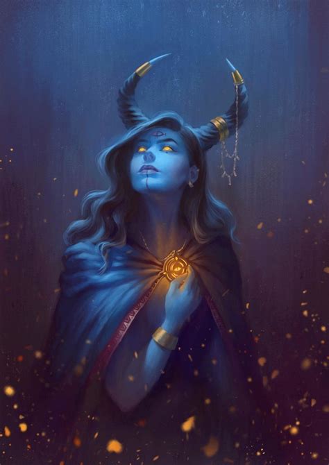 Female Tiefling Sorcerer Oracle Spell Caster Blue Skin And Horns Blue And Gold Theme Dnd