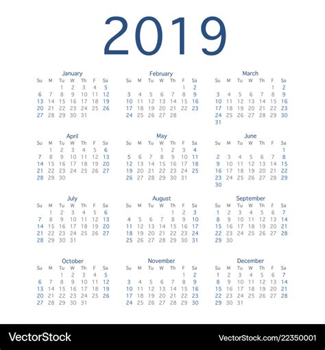 2019 Calendar Year Simple Calendar Layout For Vector Image