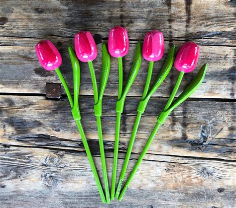 Wooden Tulips Set Of 5 Pink Tulips 133 Flower Etsy