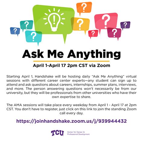 Read our latest question and answer topics with mumsnet users and guests. What2Do@TCU | Ask Me Anything