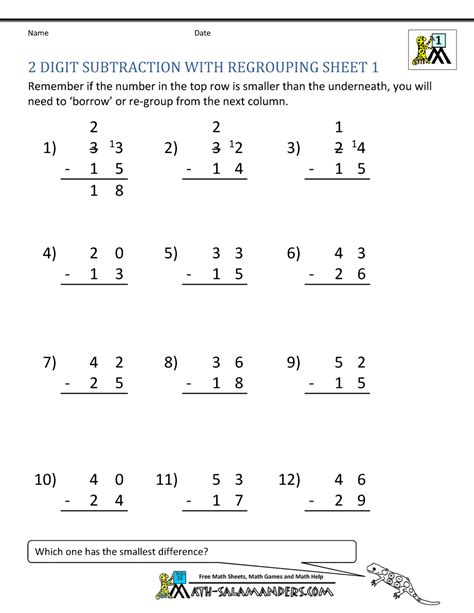 This pdf contains a nice mix of problems, with some requiring students to borrow only once for some and twice for others. 2 Digit Subtraction Worksheets