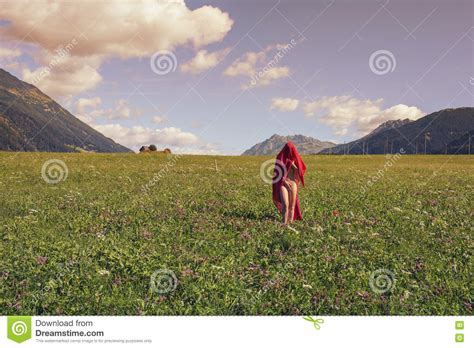 Naked Female In A Red Scarf In A Field At Sunset Stock Photo Image Of Garden Field