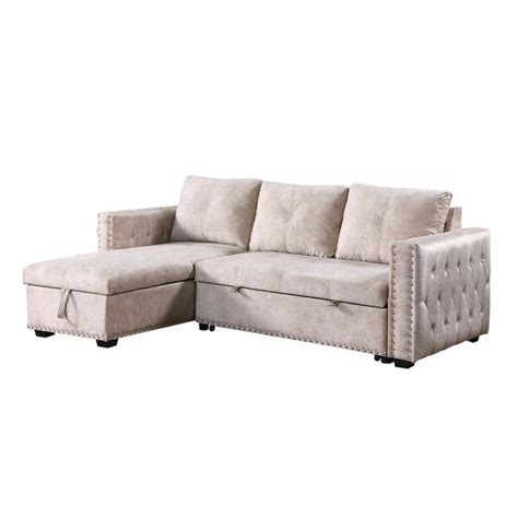 Buy Reversible 905in Beige Velvet Sleeper Sectional Sofa L Shape 3