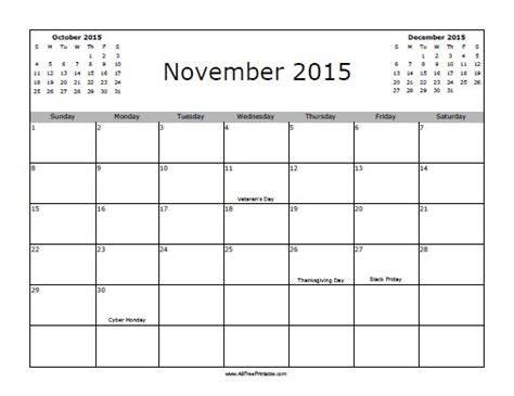November 2015 Calendar With Holidays Free Printable