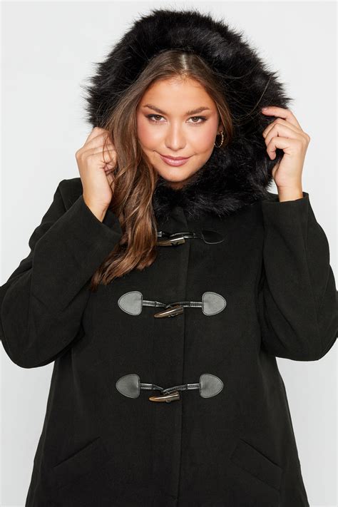 Plus Size Black Faux Fur Trim Duffle Coat Yours Clothing