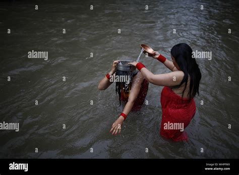Kathmandu Nepal 3rd Sep 2019 Nepalese Hindu Women Perform A Ritual Bath During Rishi