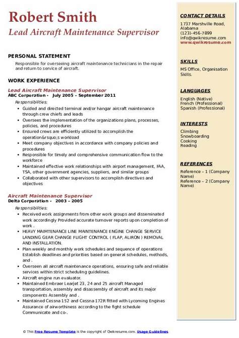 Maintenance supervisor resume samples with headline, objective statement, description and skills examples. Aircraft Maintenance Supervisor Resume Samples | QwikResume