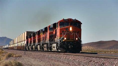 High Speed Bnsf Intermodal Double Stack Freight Trains Over The Needles