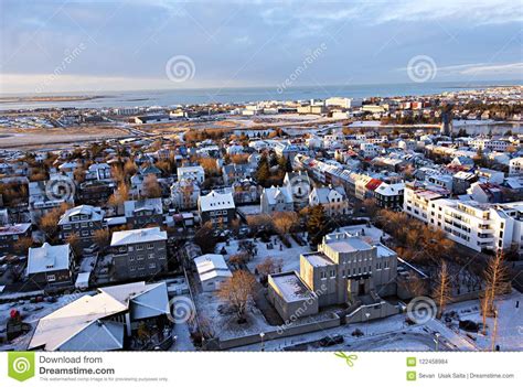 Aerial View Of Reykjavik At Sunset With Colorful Houses Stock Photo