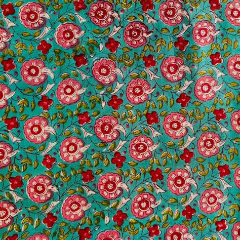 Pure Cotton Jaipuri Light Blue With Pink And Red Flower Jaal Hand Bloc