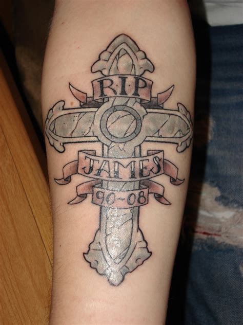 Memorial 3d rosary cross tattoo on left shoulder. Stone Memorial Cross Tattoo Picture