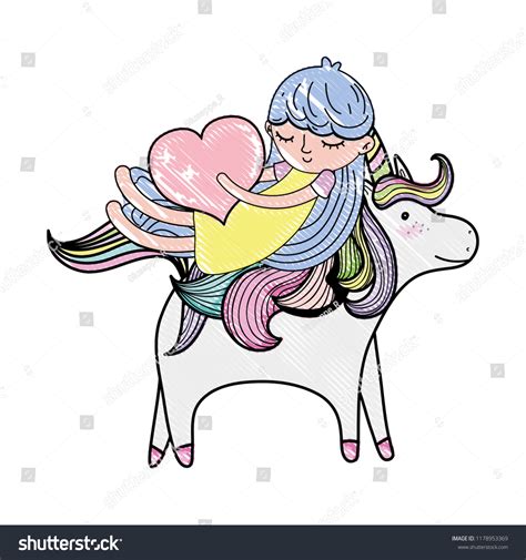 Scribbled Girl Heart Riding Cute Unicorn Stock Vector Royalty Free