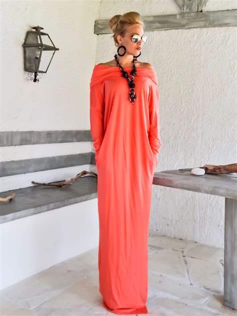 coral maxi long sleeve dress with pockets coral kaftan etsy