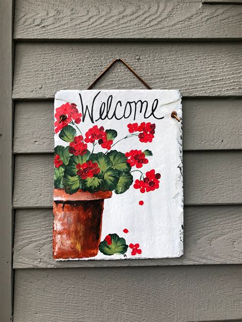 Hand Painted Slates Red Geraniums Welcome Sign Welcome Plaque 9 X 12