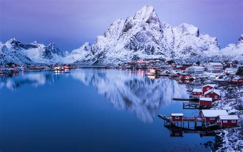 Images Norway Reine Winter Mountain Lake Snow Evening 3840x2400