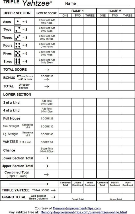 Triple Yahtzee Scoresheet | Yahtzee score card, Triple yahtzee, Yahtzee