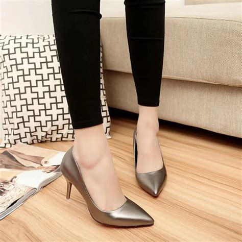 New Stiletto Heels Ladeis Women Pumps Fashion Leather Work Pointy Fine With Casual Classic Black