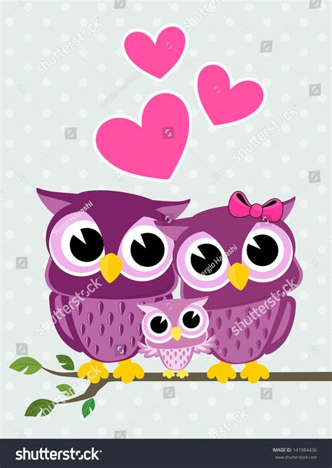 Cute Owls Couple With Baby Owl Sitting On A Branch Stock Vector