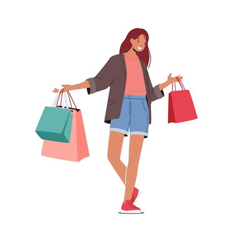 Premium Vector Cheerful Shopaholic Girl With Purchases In Colorful