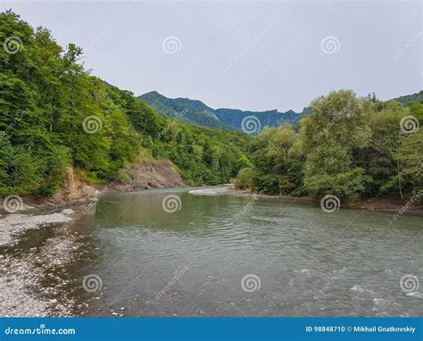 Summer Landscape With Mountain River Belaya River In Republic Of