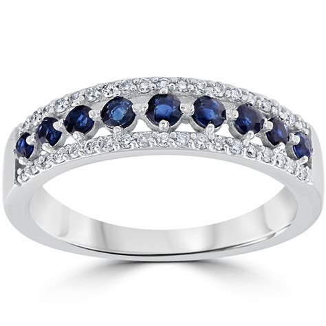 58 Cttw Blue Sapphire And Diamond Wedding Ring Womens Band 14k White Gold