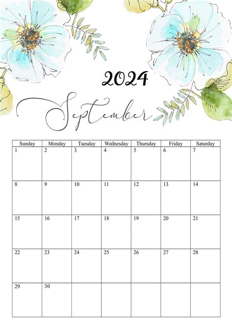Floral September 2024 Calendar Cute