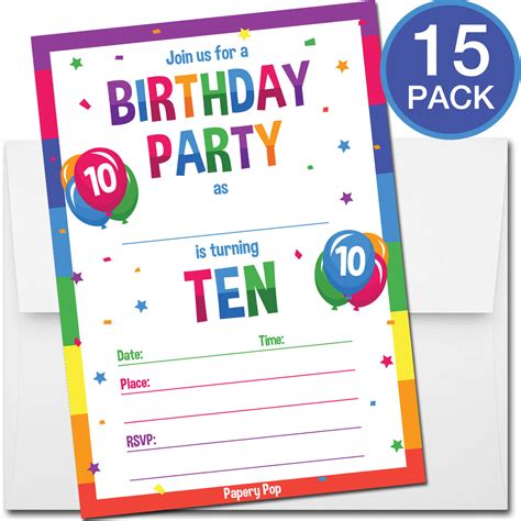 10 Year Old Birthday Party Invitations With Envelopes 15 Count Kid