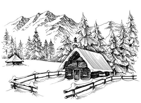 Winter Cabin Drawing Winter Cabin In The Mountains Royalty Free