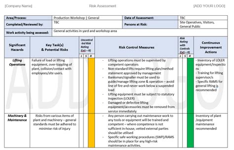 Workshop Risk Assessment Example Pack Safeti